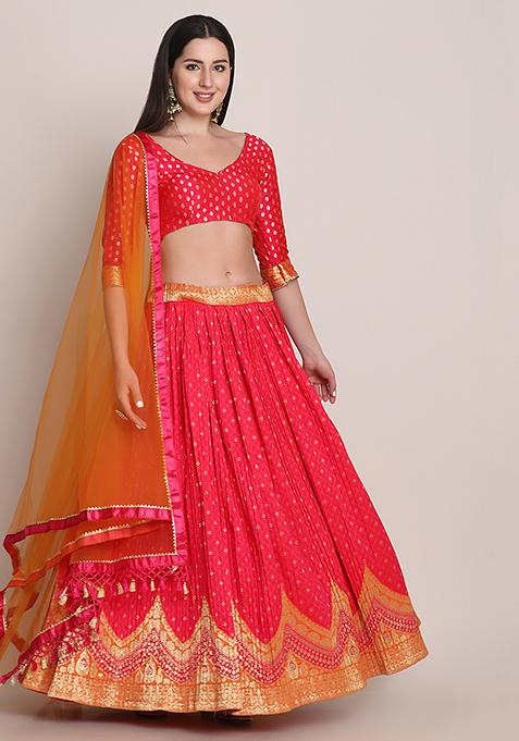 Pink Zari Woven Silk Blend Lehenga Set