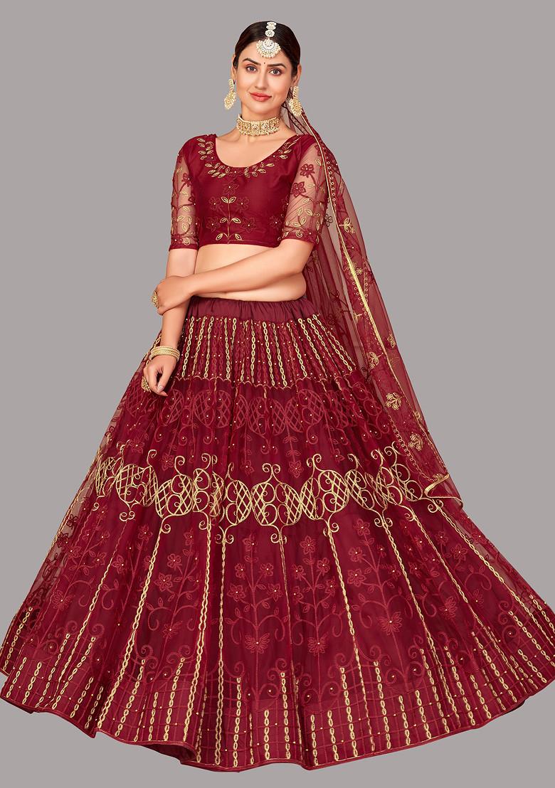 Maroon Embroidered Heavy Net Lehenga Set
