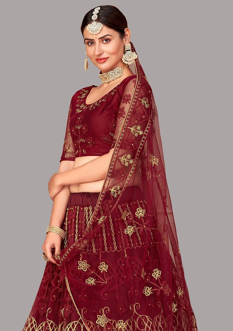 Maroon Embroidered Heavy Net Lehenga Set