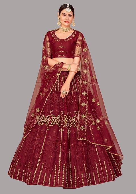 Maroon Embroidered Heavy Net Lehenga Set