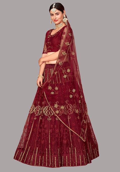 Maroon Embroidered Heavy Net Lehenga Set