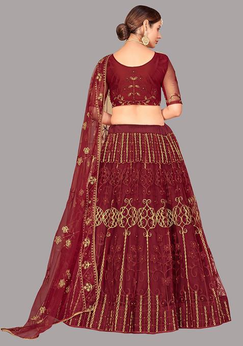 Maroon Embroidered Heavy Net Lehenga Set