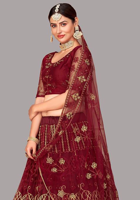 Maroon Embroidered Heavy Net Lehenga Set