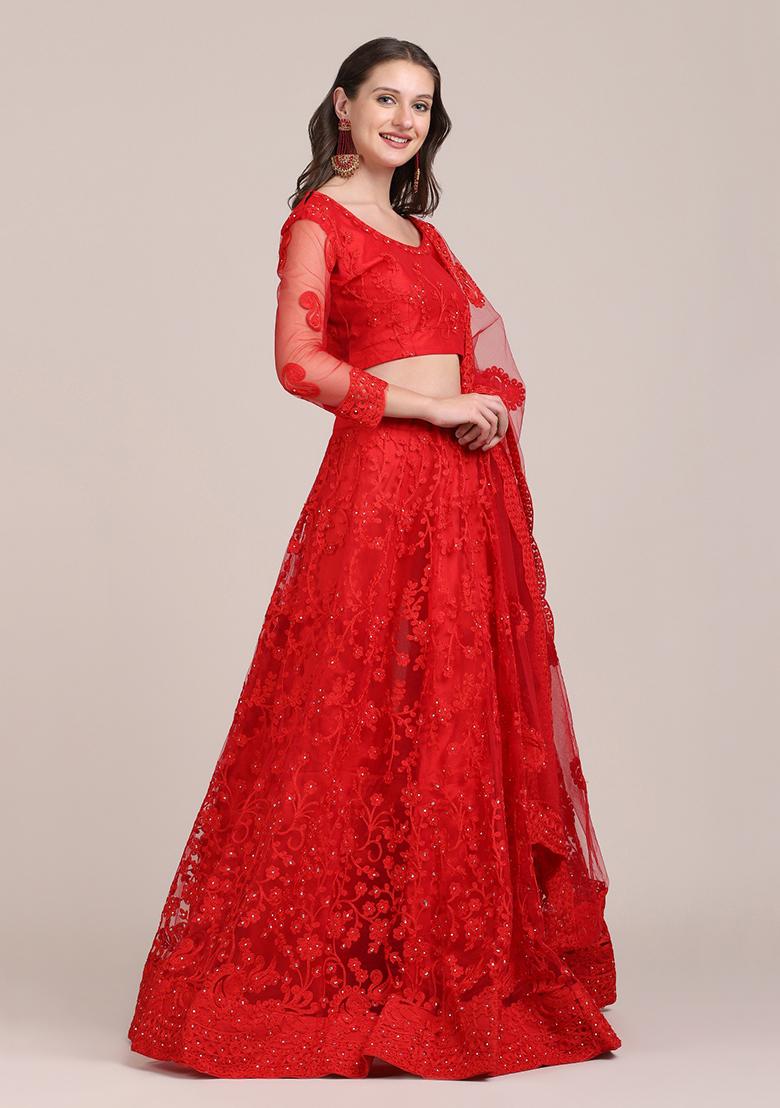 Red Embroidered Heavy Net Lehenga Set