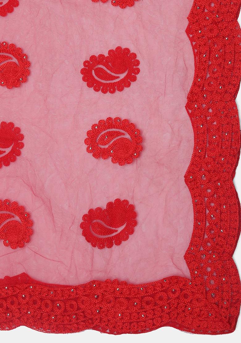 Red Embroidered Heavy Net Lehenga Set