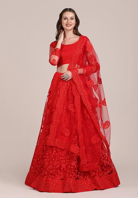 Red Embroidered Heavy Net Lehenga Set