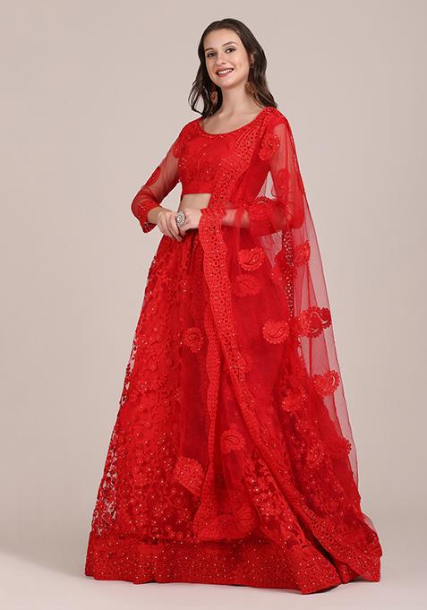 Red Embroidered Heavy Net Lehenga Set