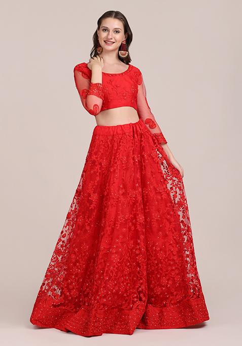 Red Embroidered Heavy Net Lehenga Set