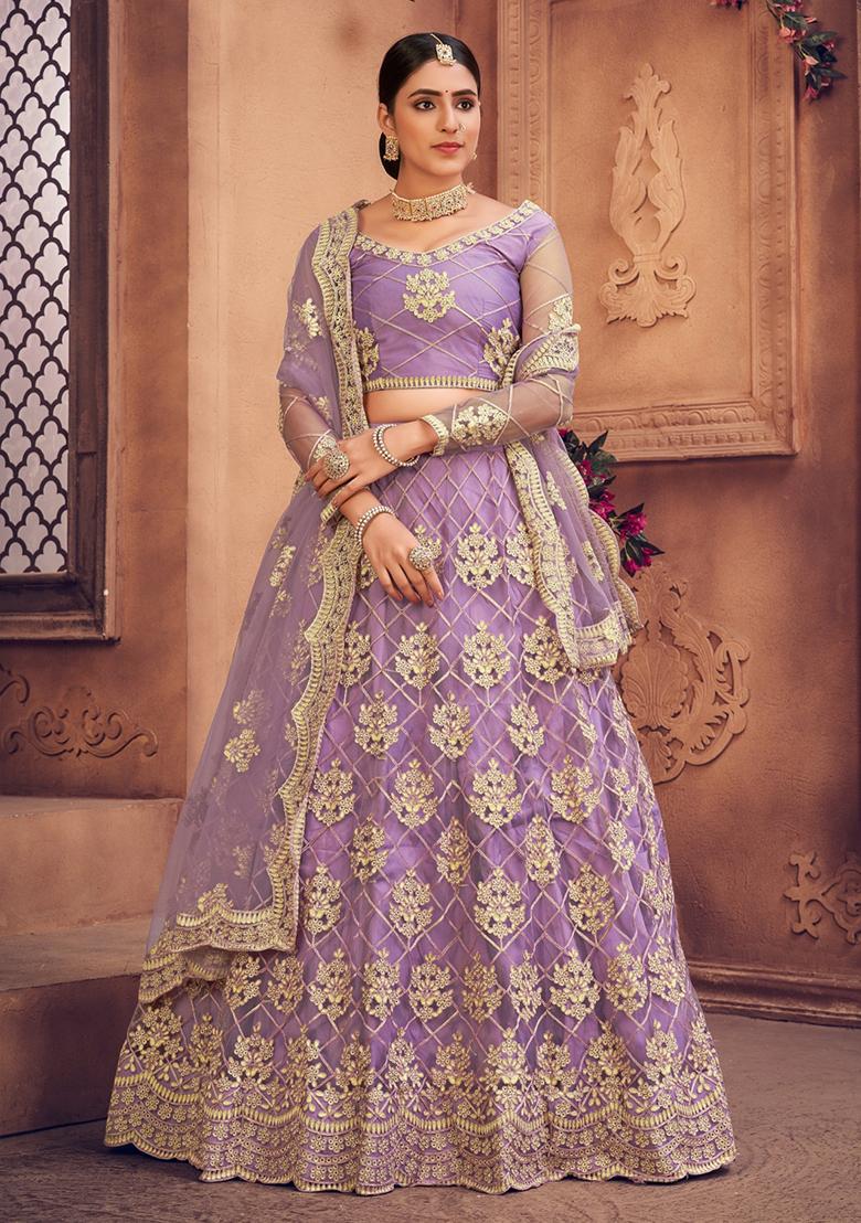 Purple Embroidered Heavy Net Lehenga Set