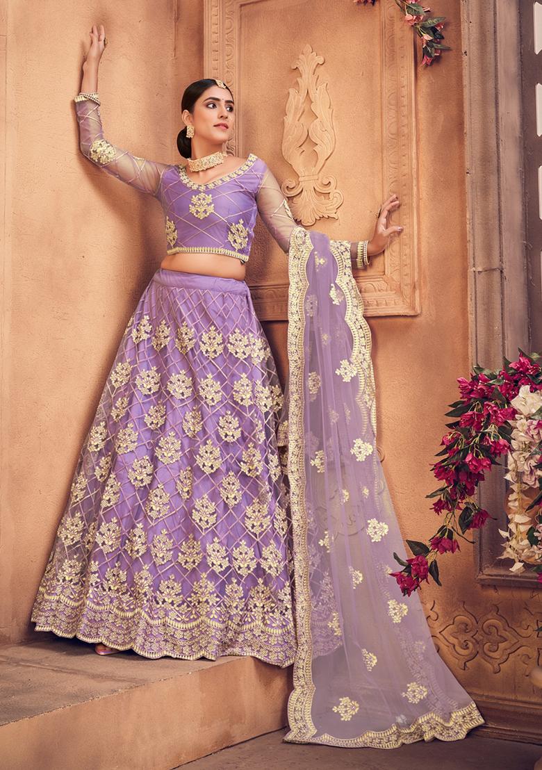 Purple Embroidered Heavy Net Lehenga Set