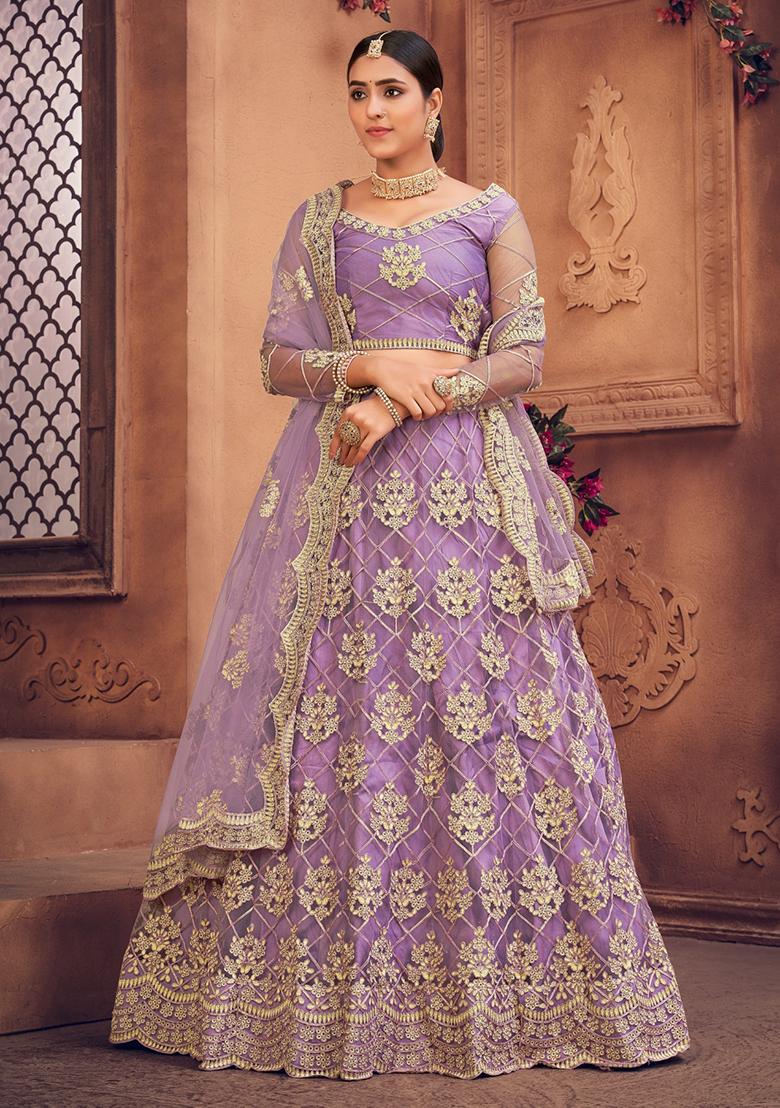 Purple Embroidered Heavy Net Lehenga Set