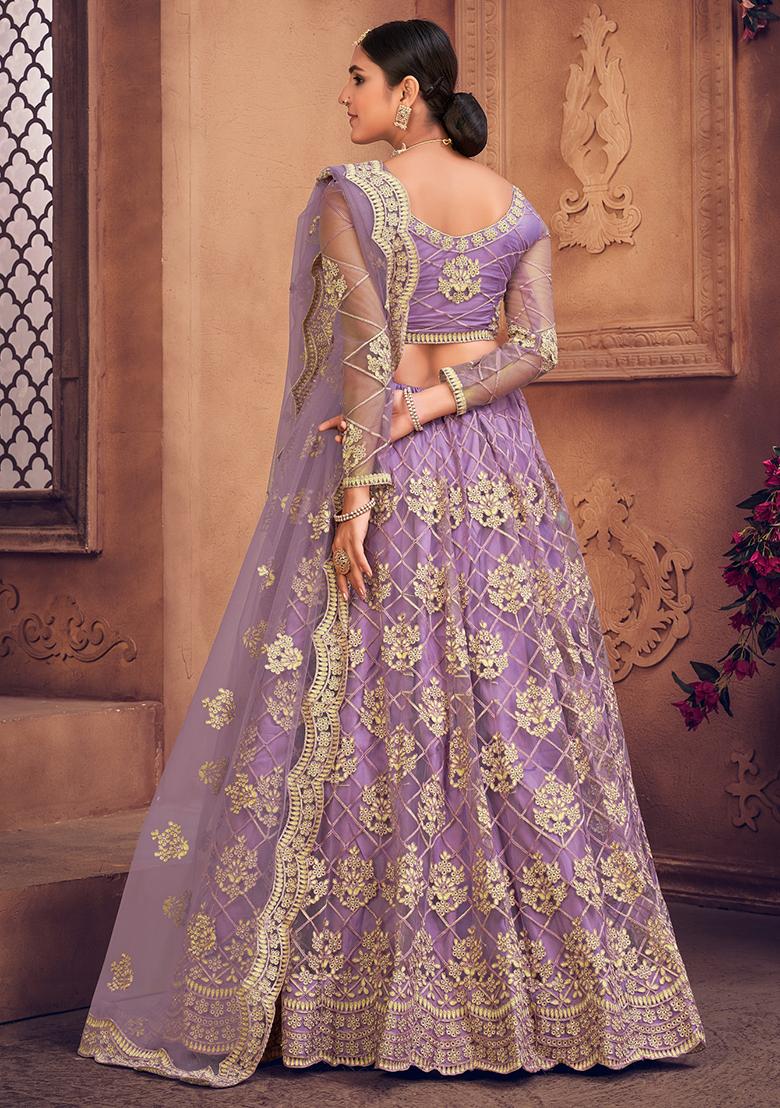 Purple Embroidered Heavy Net Lehenga Set