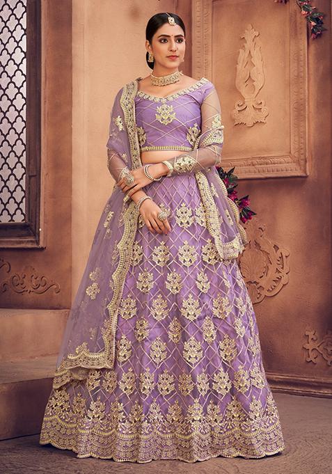 Purple Embroidered Heavy Net Lehenga Set