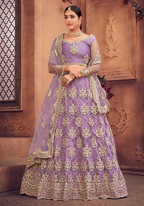 Purple Embroidered Heavy Net Lehenga Set