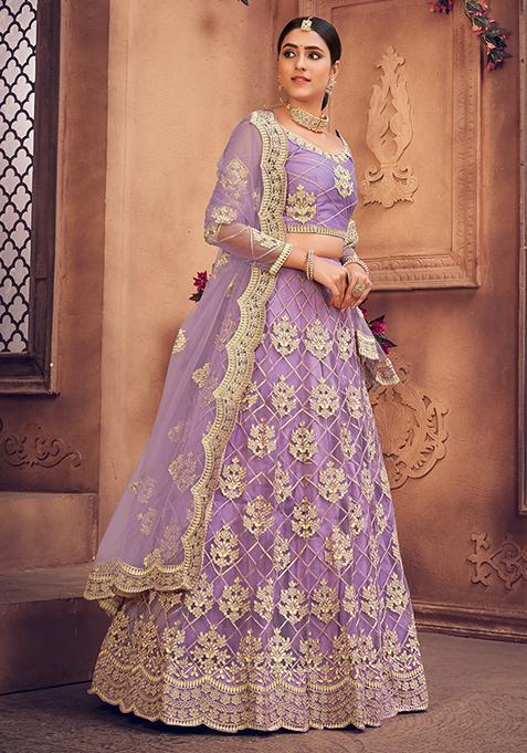 Purple Embroidered Heavy Net Lehenga Set