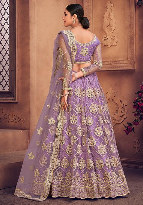 Purple Embroidered Heavy Net Lehenga Set