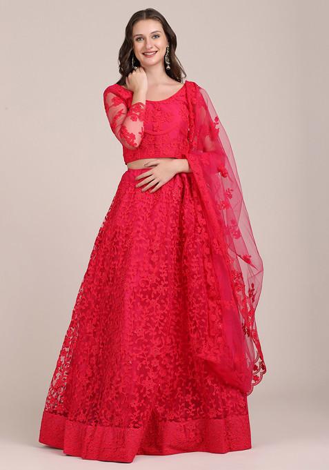 Pink Embroidered Heavy Net Lehenga Set