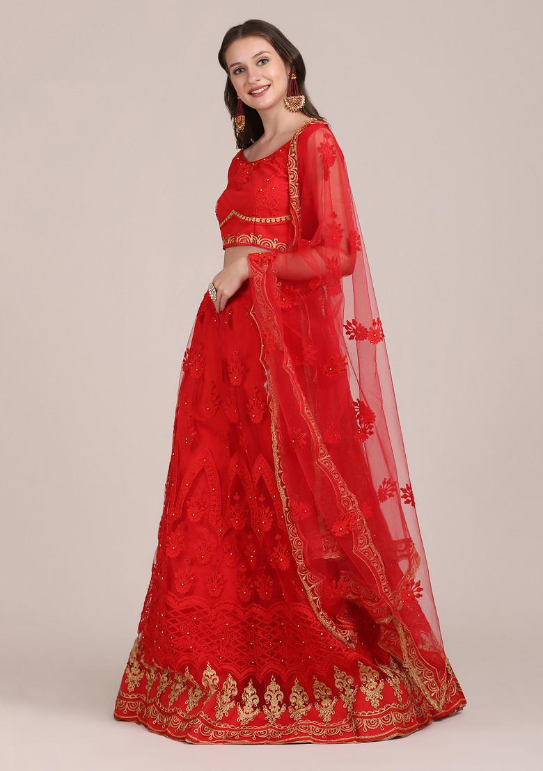 Red Embroidered Net Lehenga Set