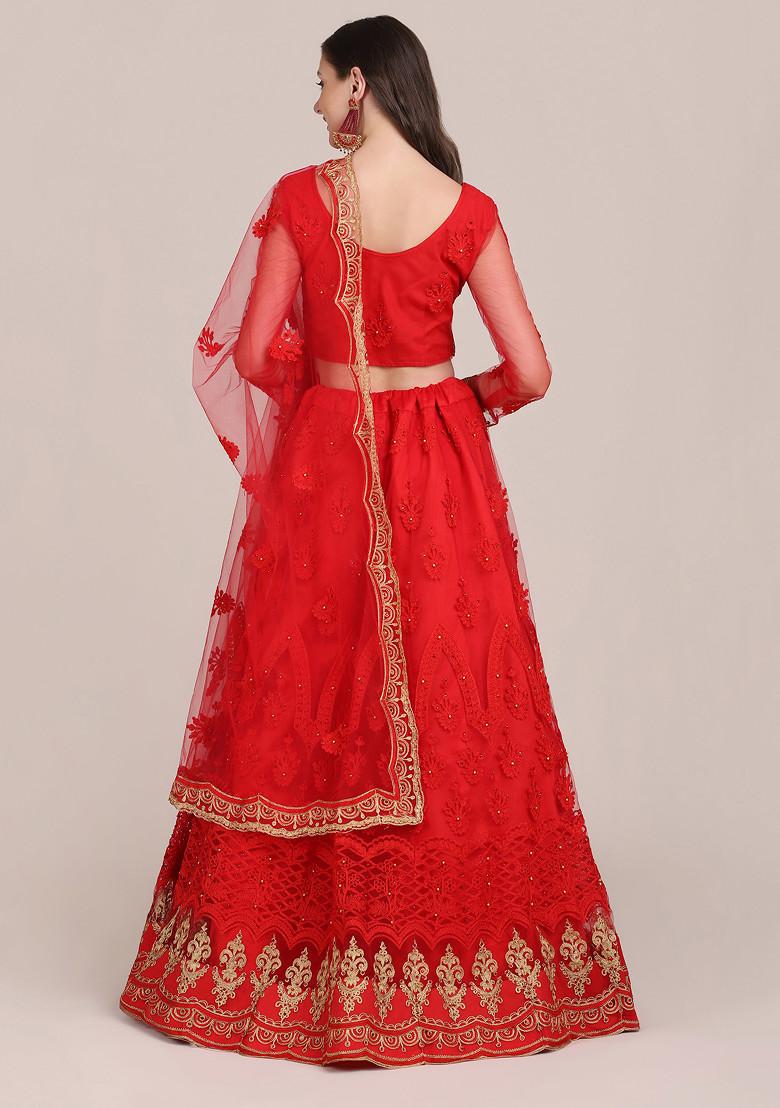 Red Embroidered Net Lehenga Set