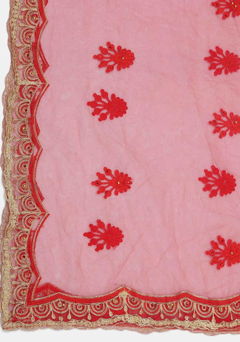 Red Embroidered Net Lehenga Set