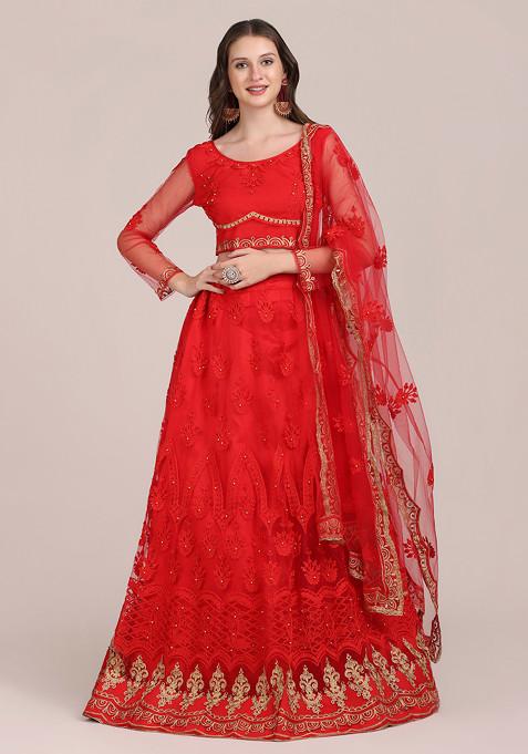 Red Embroidered Net Lehenga Set