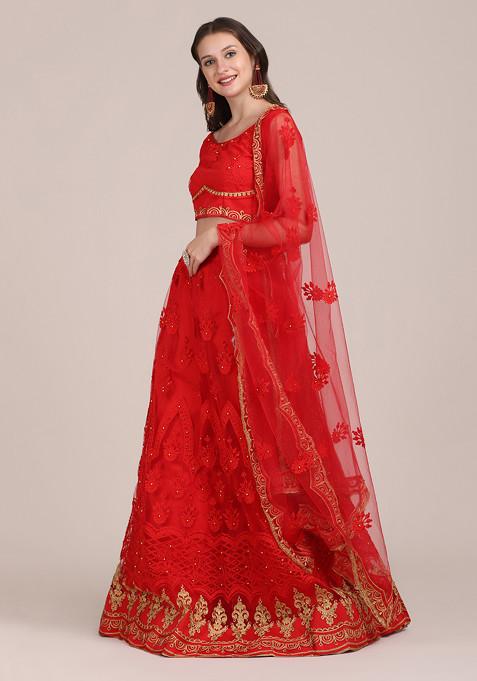Red Embroidered Net Lehenga Set