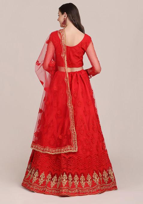 Red Embroidered Net Lehenga Set