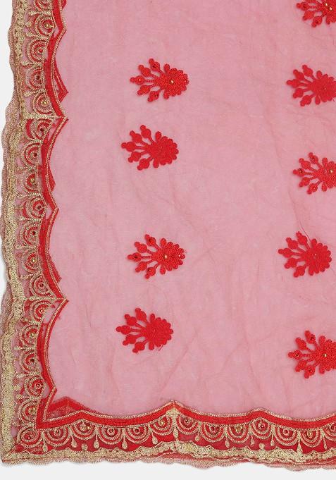 Red Embroidered Net Lehenga Set