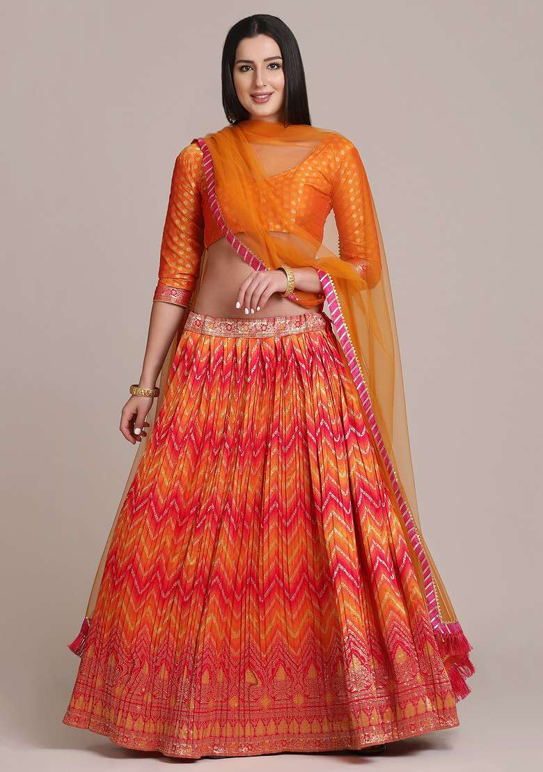 Orange Gold Woven Jacquard Silk Blend Lehenga Set for Diwali | Wedding & Festive Wear - Indya