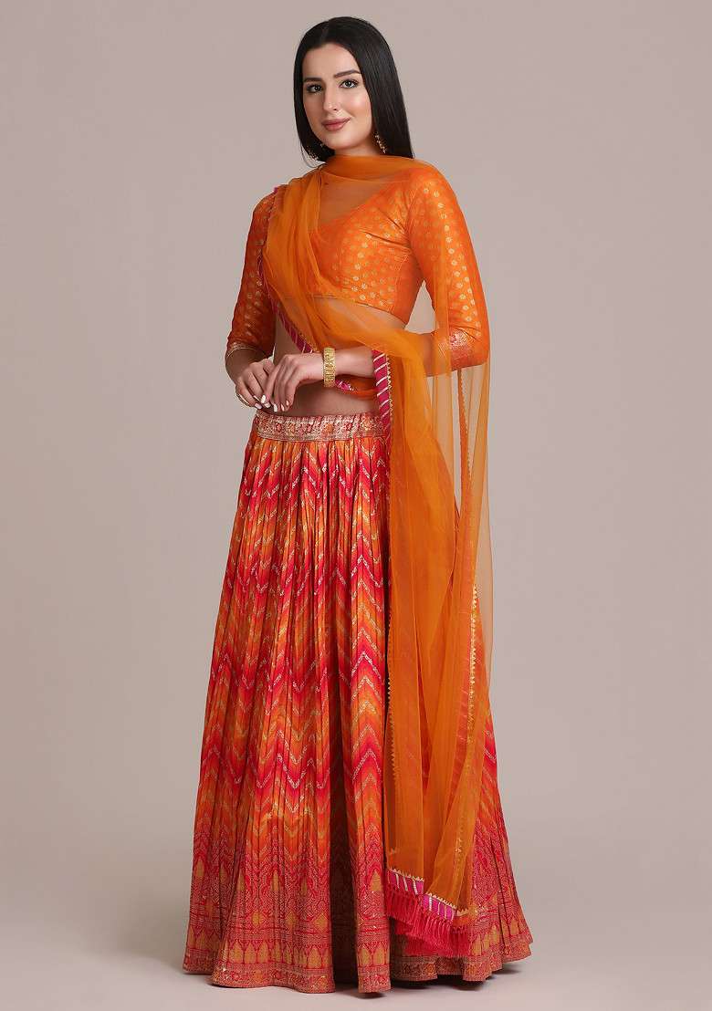 Orange Gold Woven Jacquard Silk Blend Lehenga Set for Diwali | Wedding & Festive Wear - Indya
