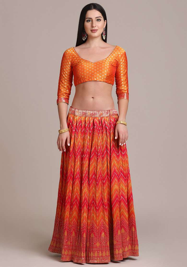 Orange Gold Woven Jacquard Silk Blend Lehenga Set for Diwali | Wedding & Festive Wear - Indya