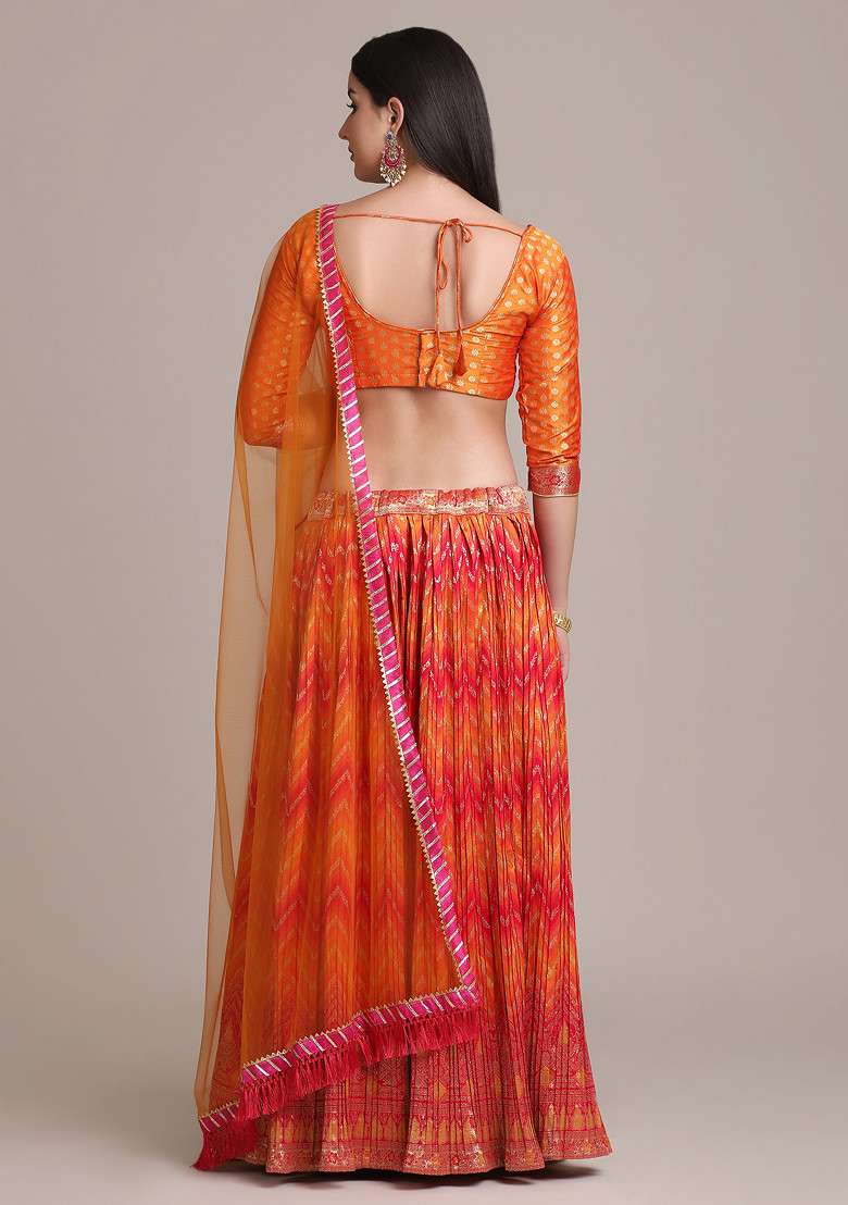 Orange Gold Woven Jacquard Silk Blend Lehenga Set for Diwali | Wedding & Festive Wear - Indya