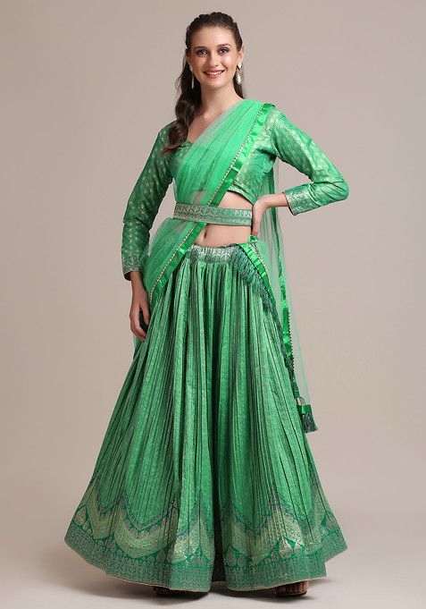 Rama Green Gold Woven Jacquard Silk Pleated Lehenga Set