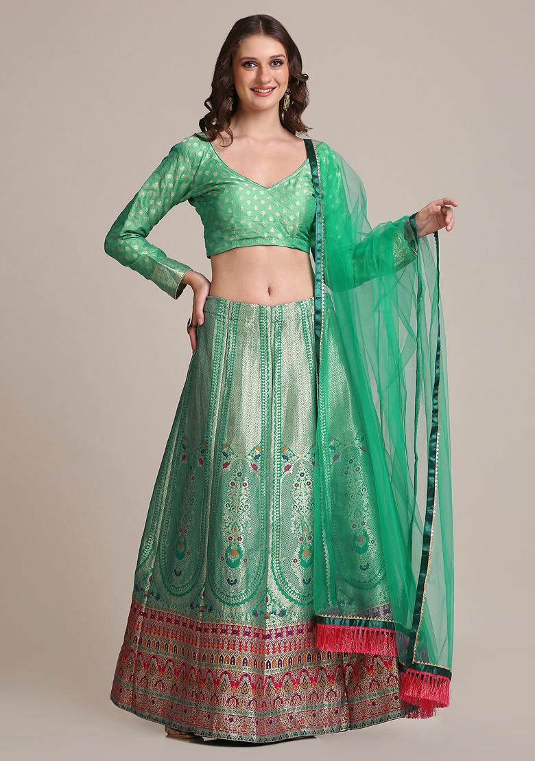 Rama Green Gold Woven Jacquard Silk Lehenga Set