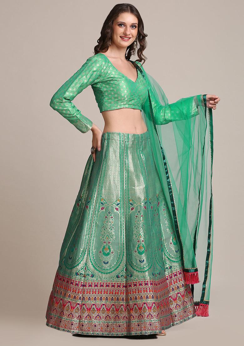 Rama Green Gold Woven Jacquard Silk Lehenga Set