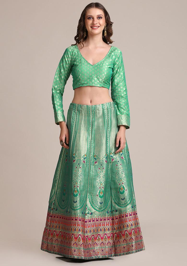 Rama Green Gold Woven Jacquard Silk Lehenga Set