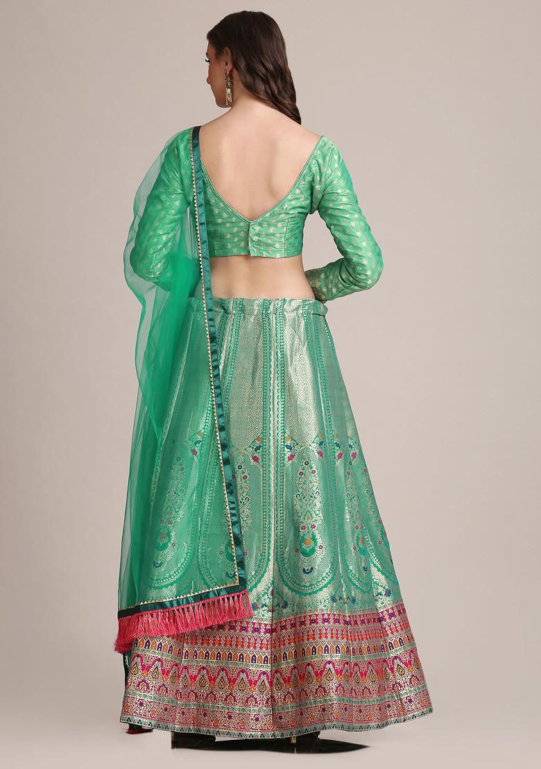Rama Green Gold Woven Jacquard Silk Lehenga Set