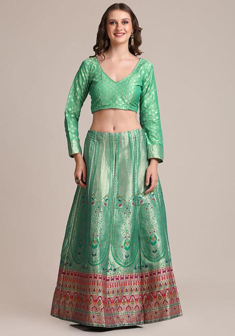 Rama Green Gold Woven Jacquard Silk Lehenga Set