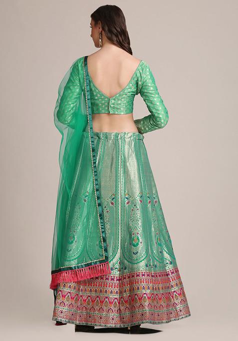 Rama Green Gold Woven Jacquard Silk Lehenga Set