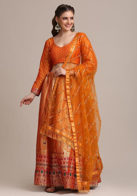 Mustard Gold Woven Jacquard Silk Lehenga Set