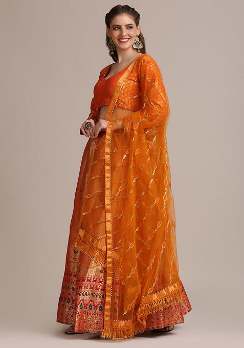 Mustard Gold Woven Jacquard Silk Lehenga Set