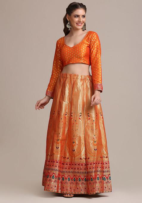 Mustard Gold Woven Jacquard Silk Lehenga Set