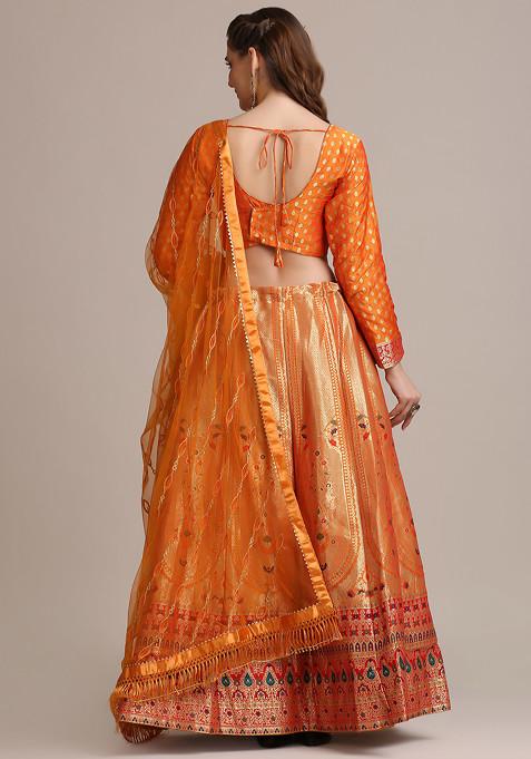 Mustard Gold Woven Jacquard Silk Lehenga Set