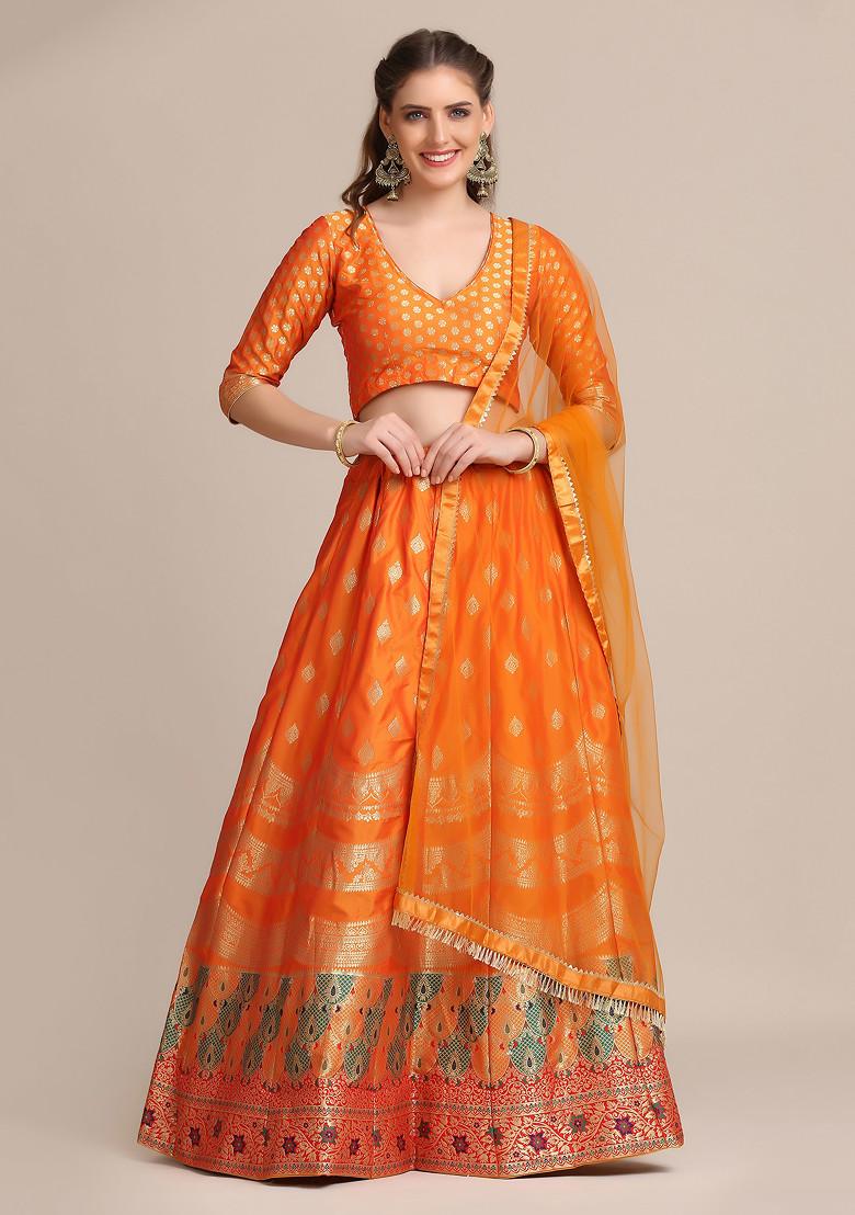 Mustard Yellow Gold Woven Jacquard Silk Lehenga Set