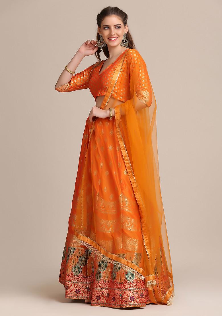 Mustard Yellow Gold Woven Jacquard Silk Lehenga Set