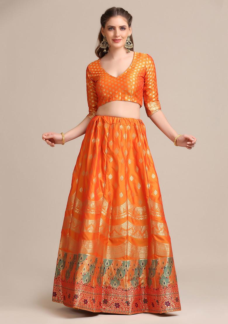 Mustard Yellow Gold Woven Jacquard Silk Lehenga Set