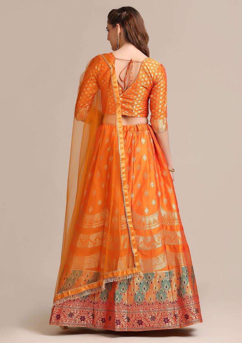 Mustard Yellow Gold Woven Jacquard Silk Lehenga Set - Indya
