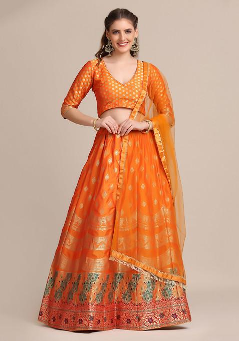 Mustard Yellow Gold Woven Jacquard Silk Lehenga Set