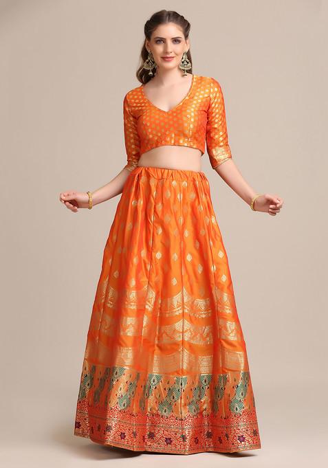 Mustard Yellow Gold Woven Jacquard Silk Lehenga Set