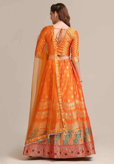 Mustard Yellow Gold Woven Jacquard Silk Lehenga Set